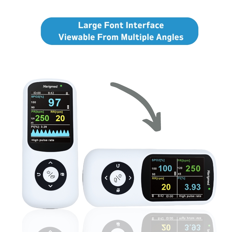 9 NHO-100 Hand Pulse Oximeter large font interface multiple angles